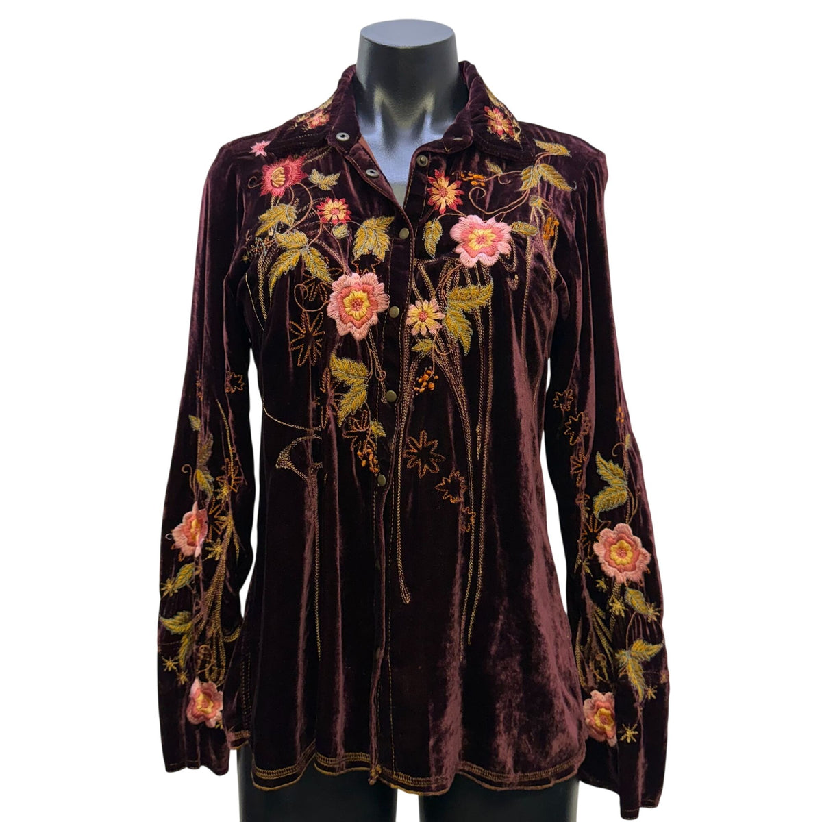 Johnny Was Embroidered Velvet Blouse Maroon Pink Floral M