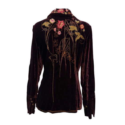 Johnny Was Embroidered Velvet Blouse Maroon Pink Floral M