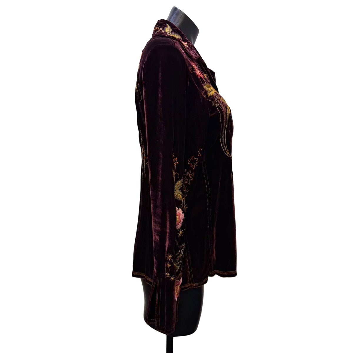 Johnny Was Embroidered Velvet Blouse Maroon Pink Floral M