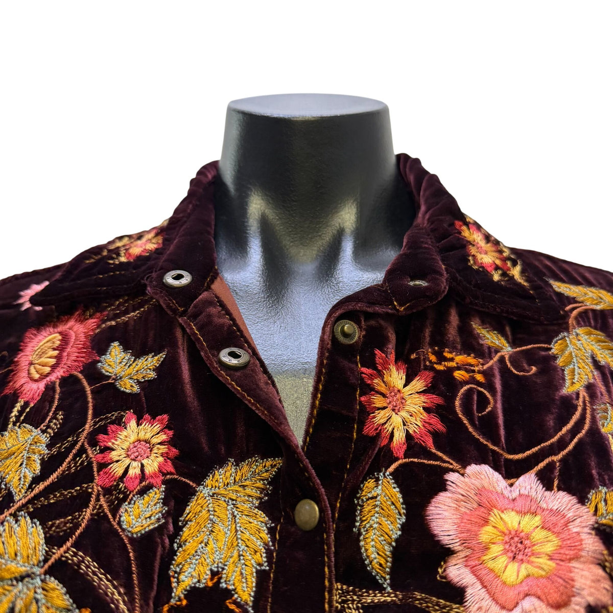 Johnny Was Embroidered Velvet Blouse Maroon Pink Floral M