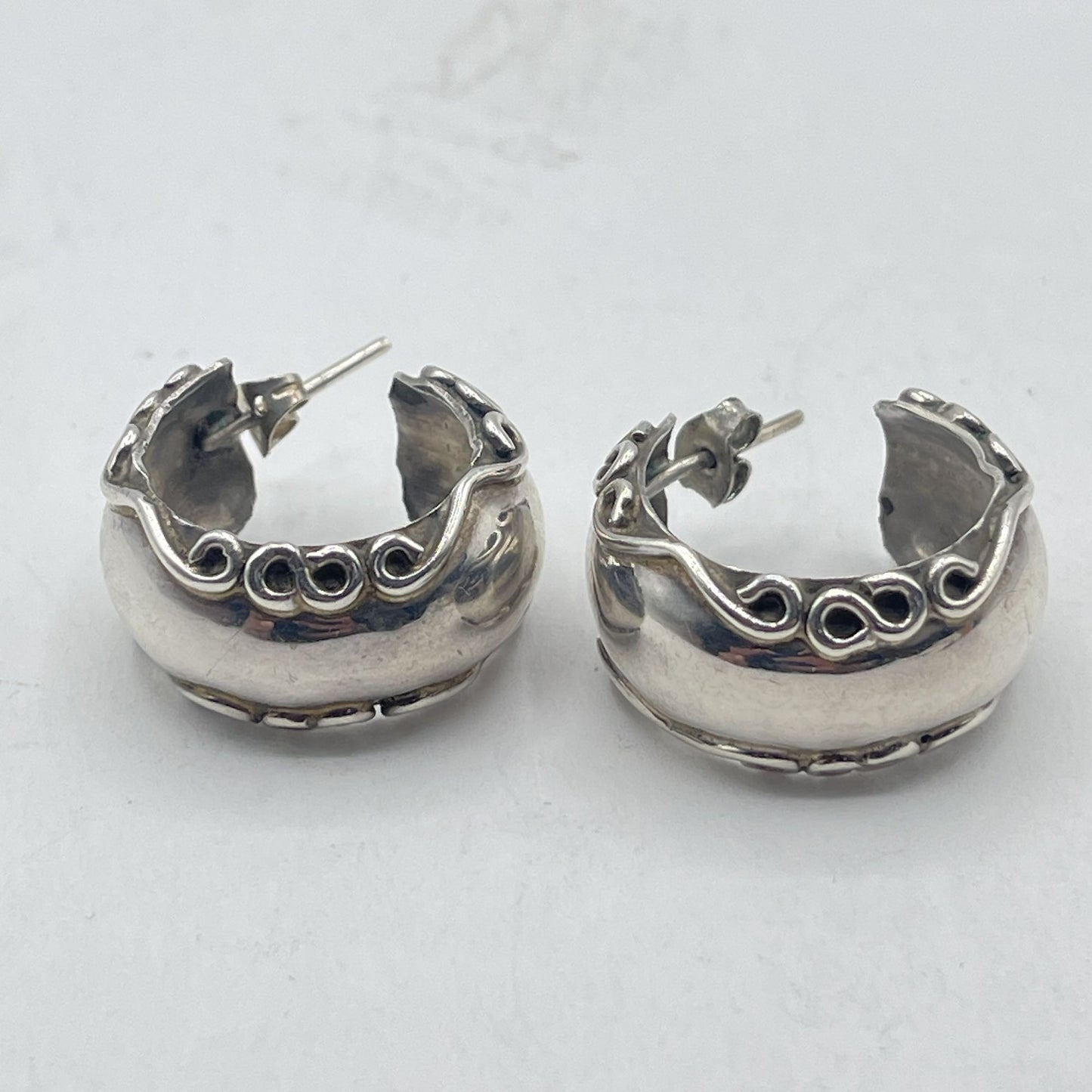 Vintage Sterling Silver Half Hoop Earrings With Intricate Swirl Design