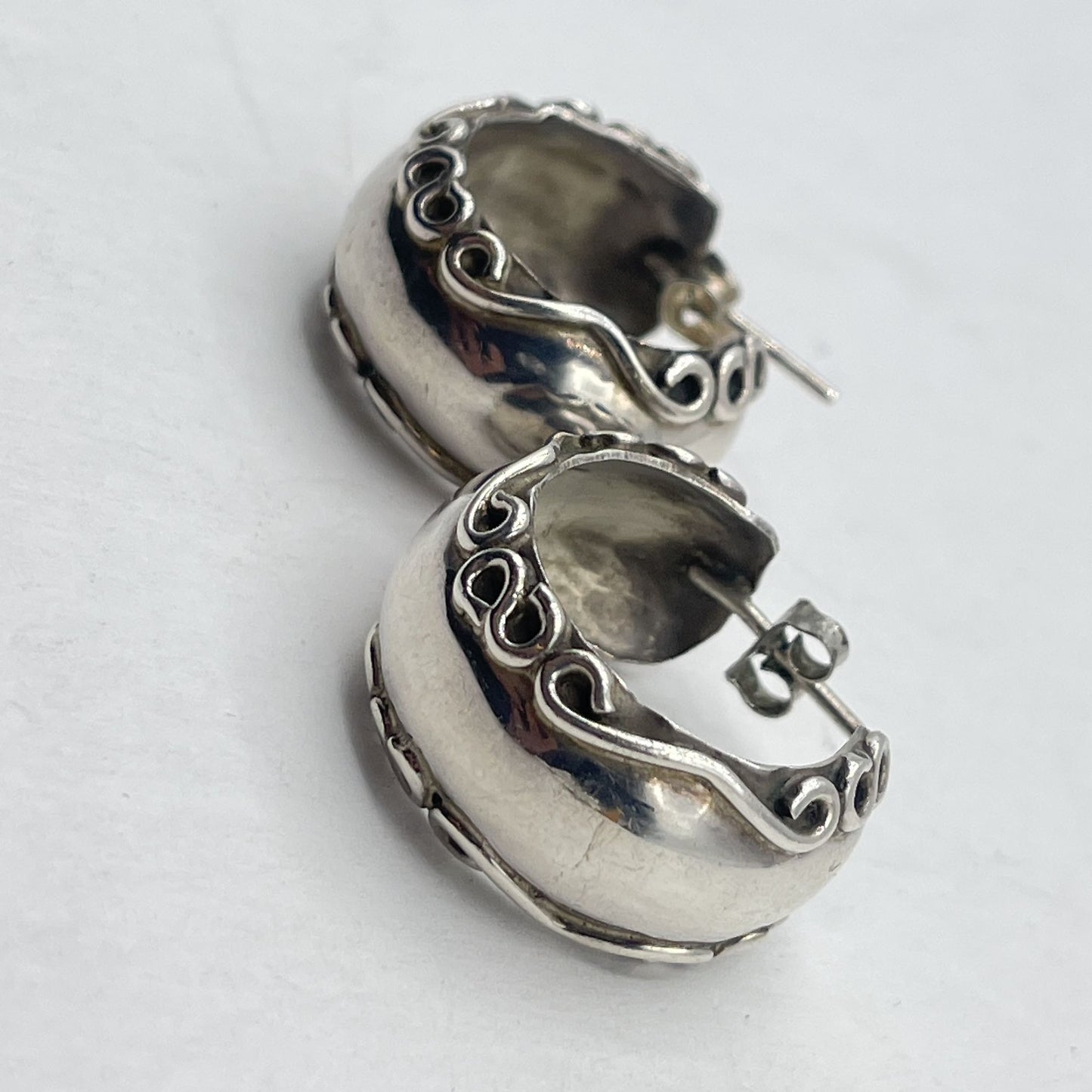 Vintage Sterling Silver Half Hoop Earrings With Intricate Swirl Design