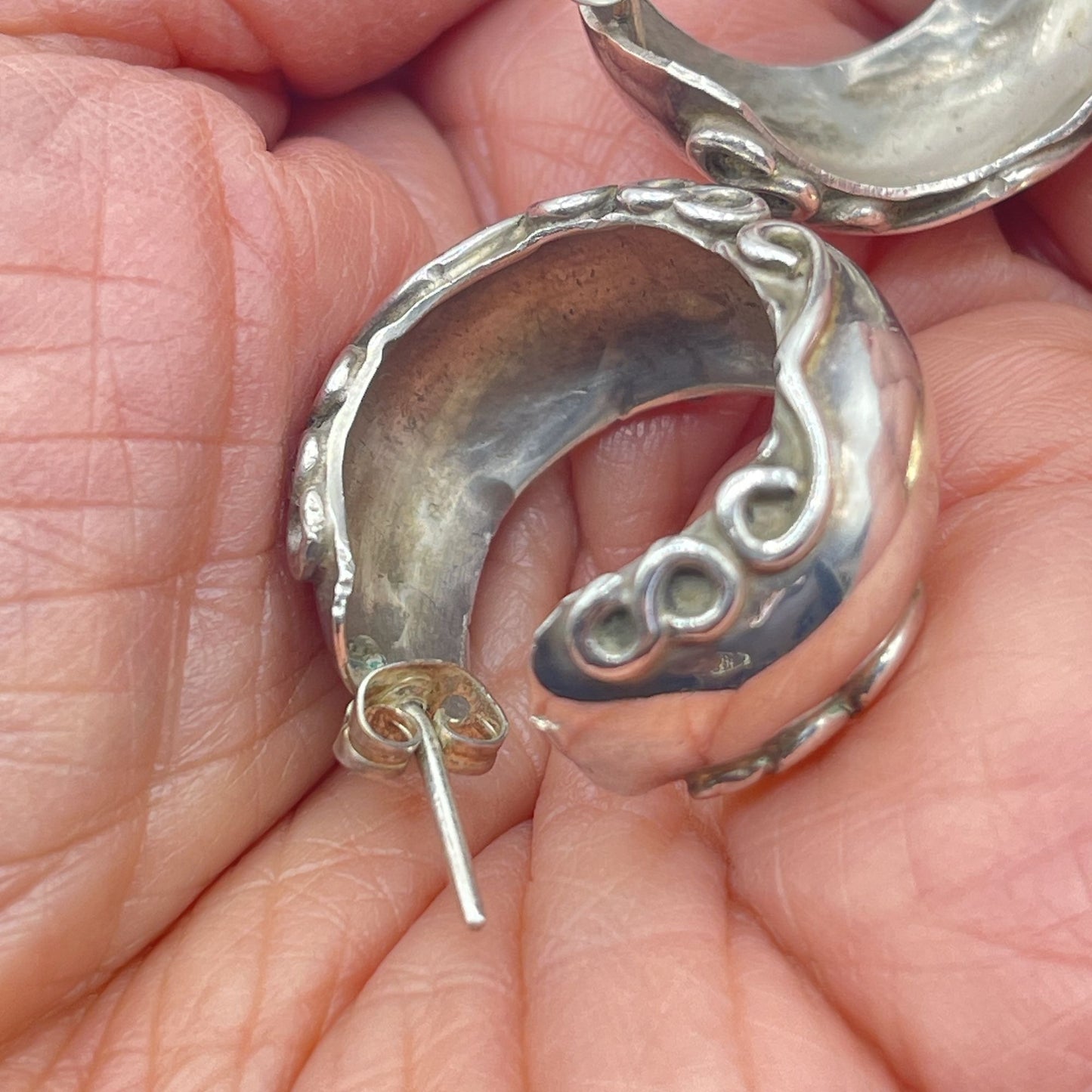 Vintage Sterling Silver Half Hoop Earrings With Intricate Swirl Design