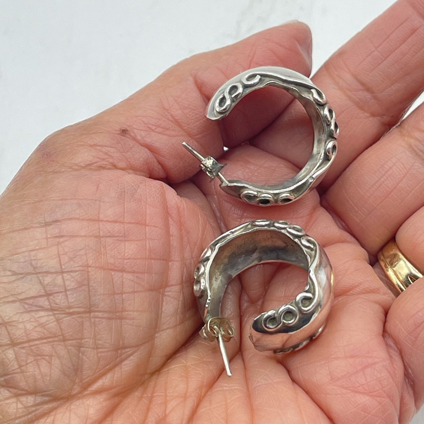 Vintage Sterling Silver Half Hoop Earrings With Intricate Swirl Design