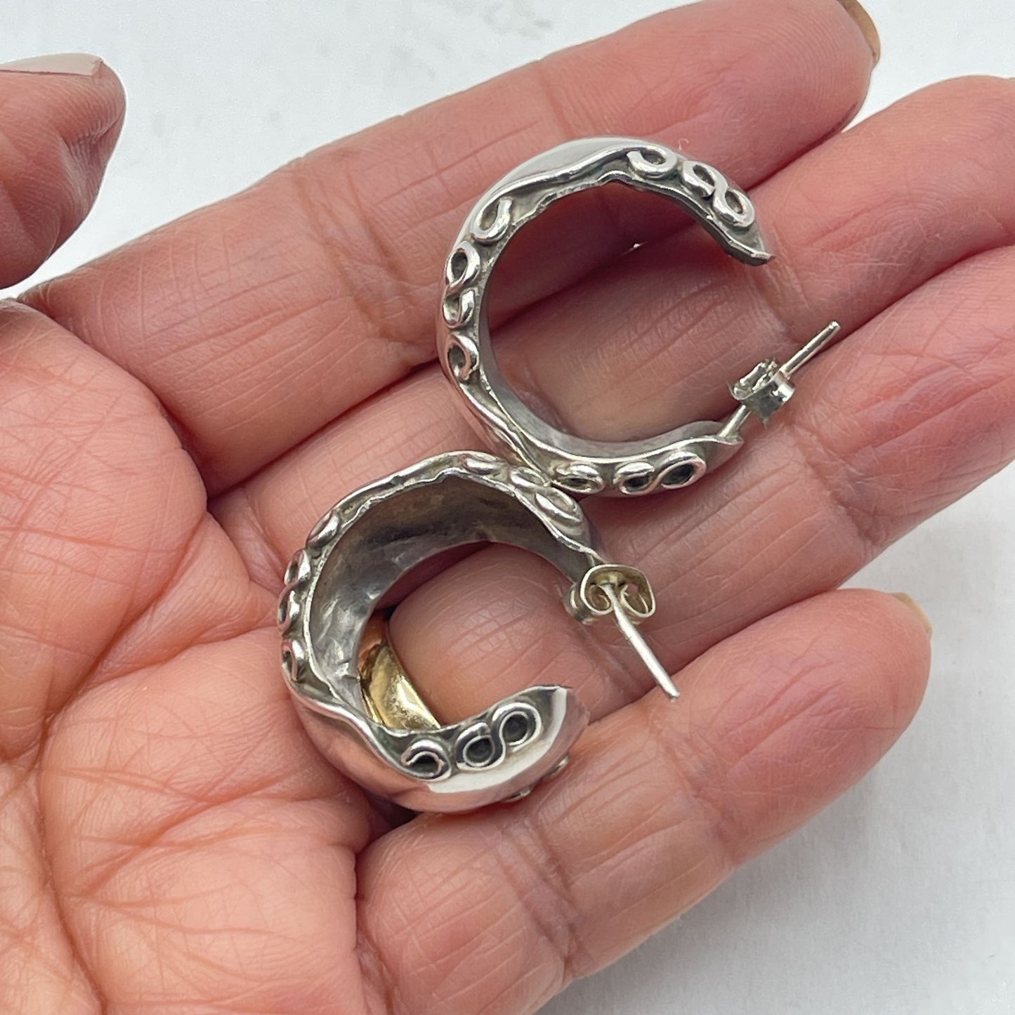 Vintage Sterling Silver Half Hoop Earrings With Intricate Swirl Design