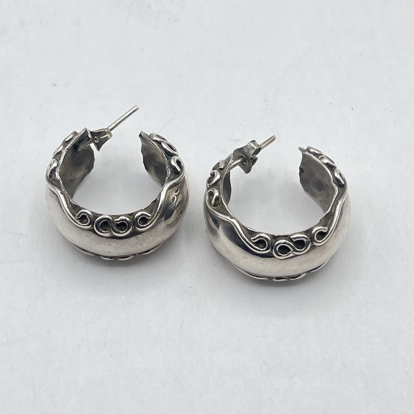 Vintage Sterling Silver Half Hoop Earrings With Intricate Swirl Design