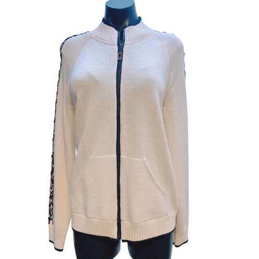 St. John Sport Cream Black Knit Cardigan Zipper Braided Sleeve Detail M