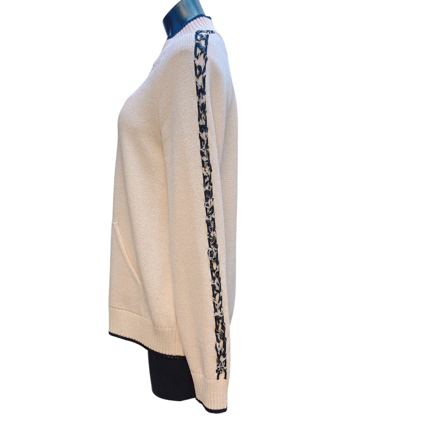 St. John Sport Cream Black Knit Cardigan Zipper Braided Sleeve Detail M