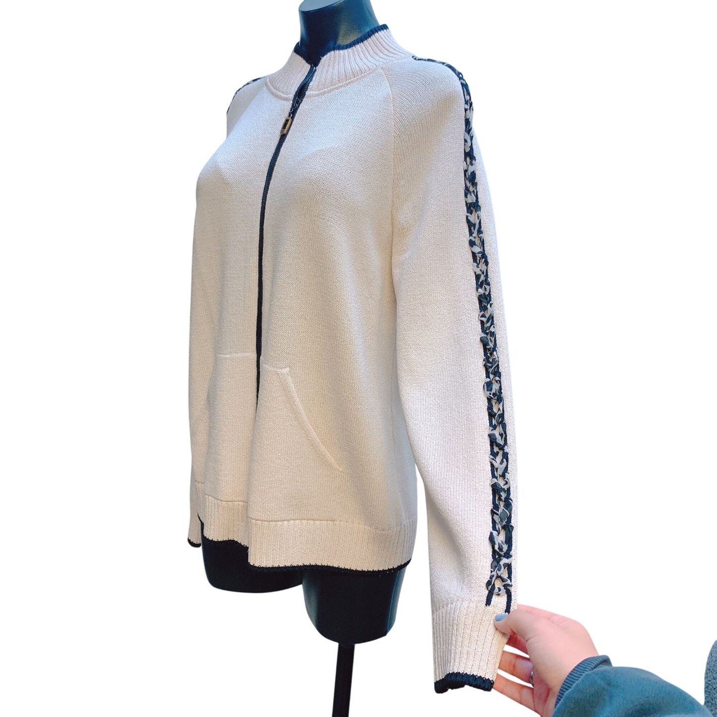 St. John Sport Cream Black Knit Cardigan Zipper Braided Sleeve Detail M