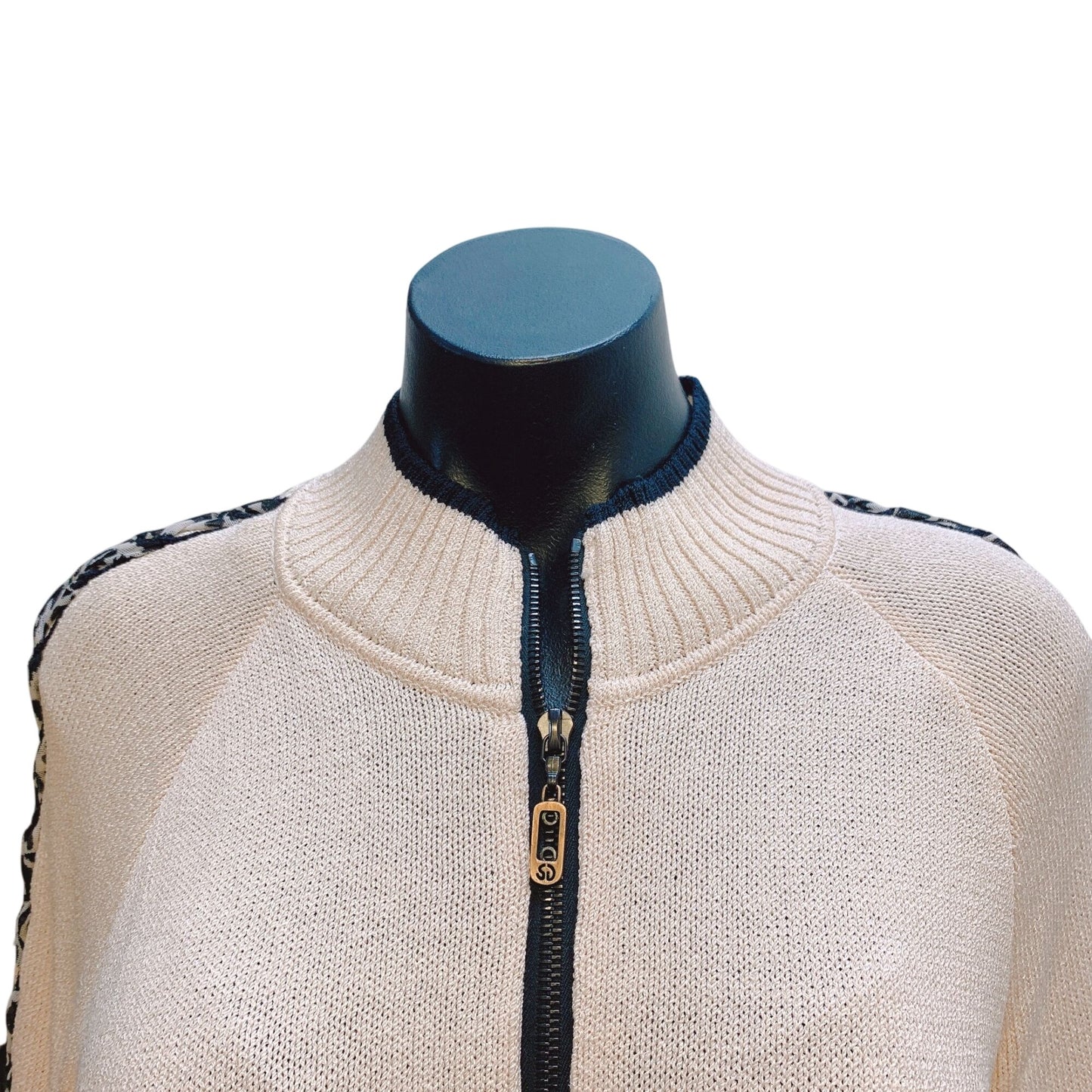 St. John Sport Cream Black Knit Cardigan Zipper Braided Sleeve Detail M