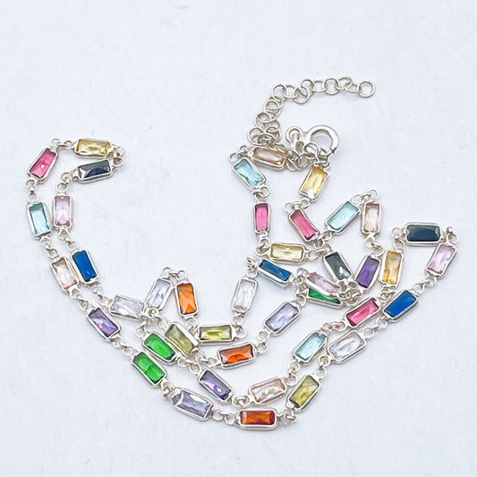 925 Silver Multicolor Rectangle Glass Gemstone Necklace Adjustable Chain