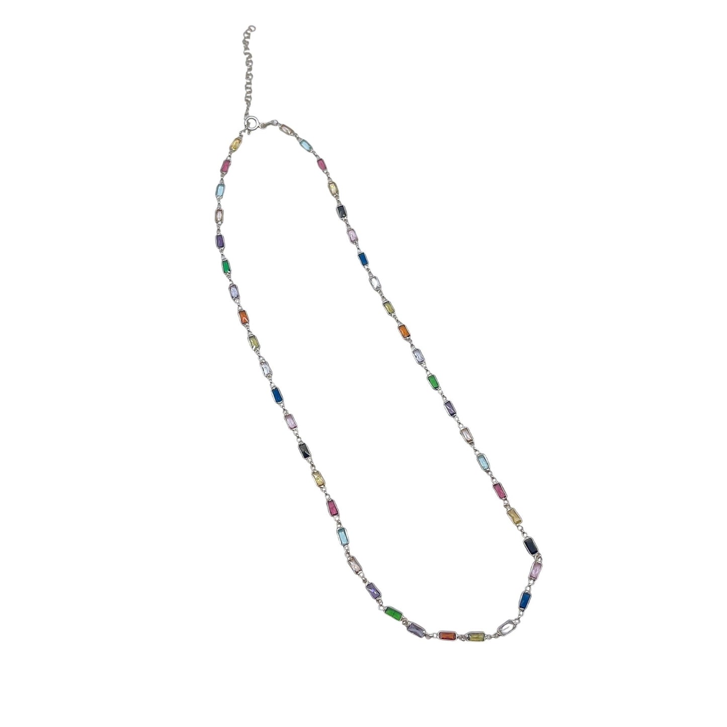 925 Silver Multicolor Rectangle Glass Gemstone Necklace Adjustable Chain