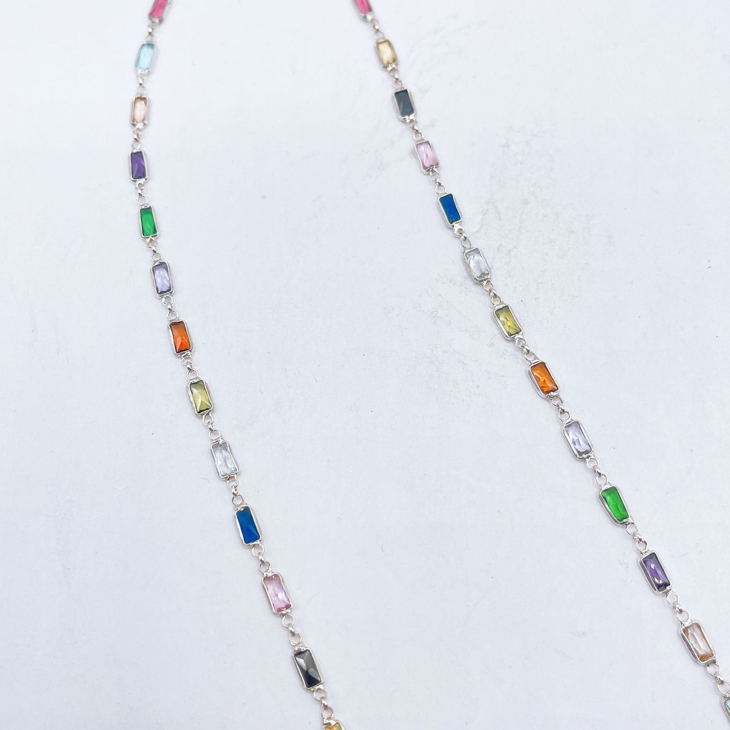 925 Silver Multicolor Rectangle Glass Gemstone Necklace Adjustable Chain