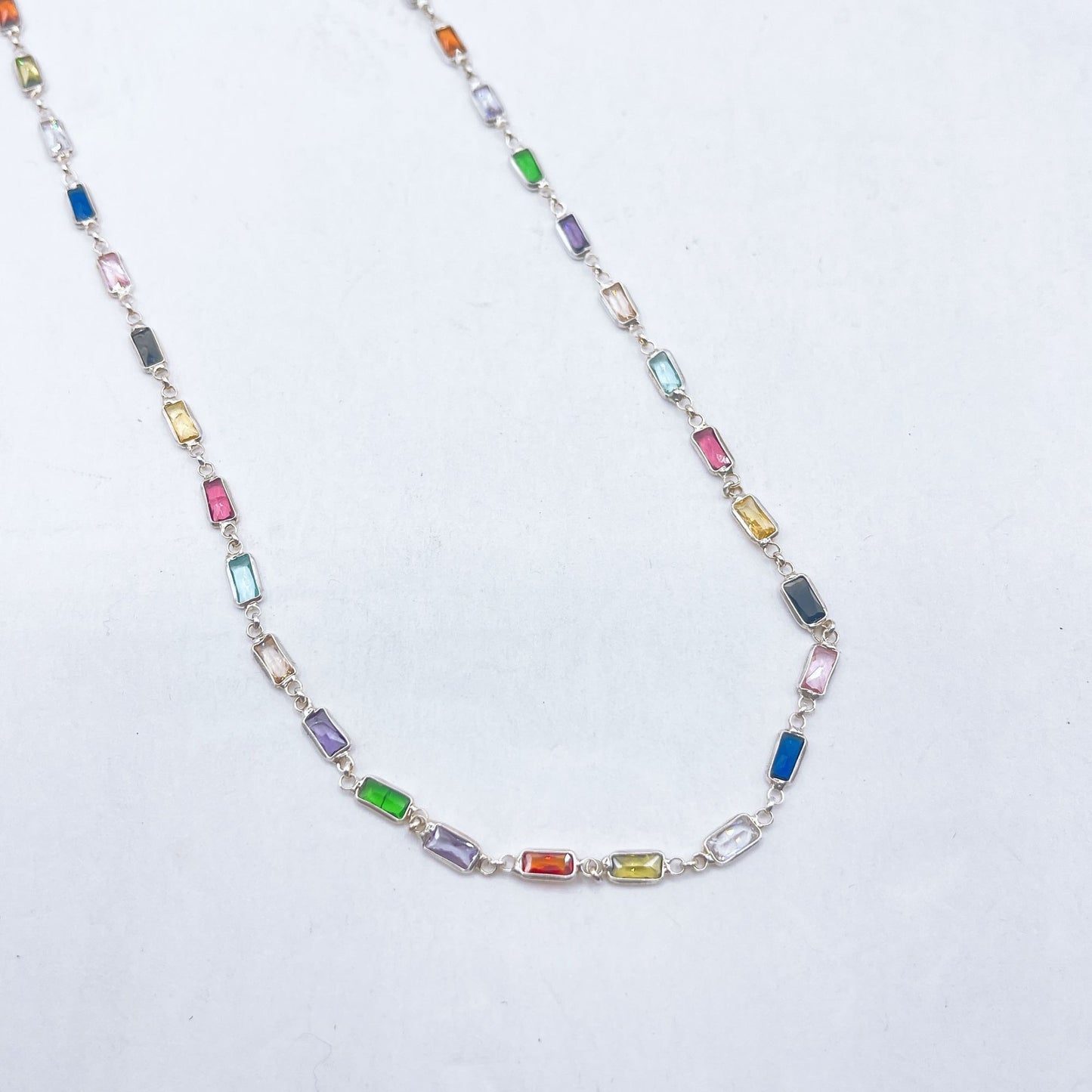 925 Silver Multicolor Rectangle Glass Gemstone Necklace Adjustable Chain