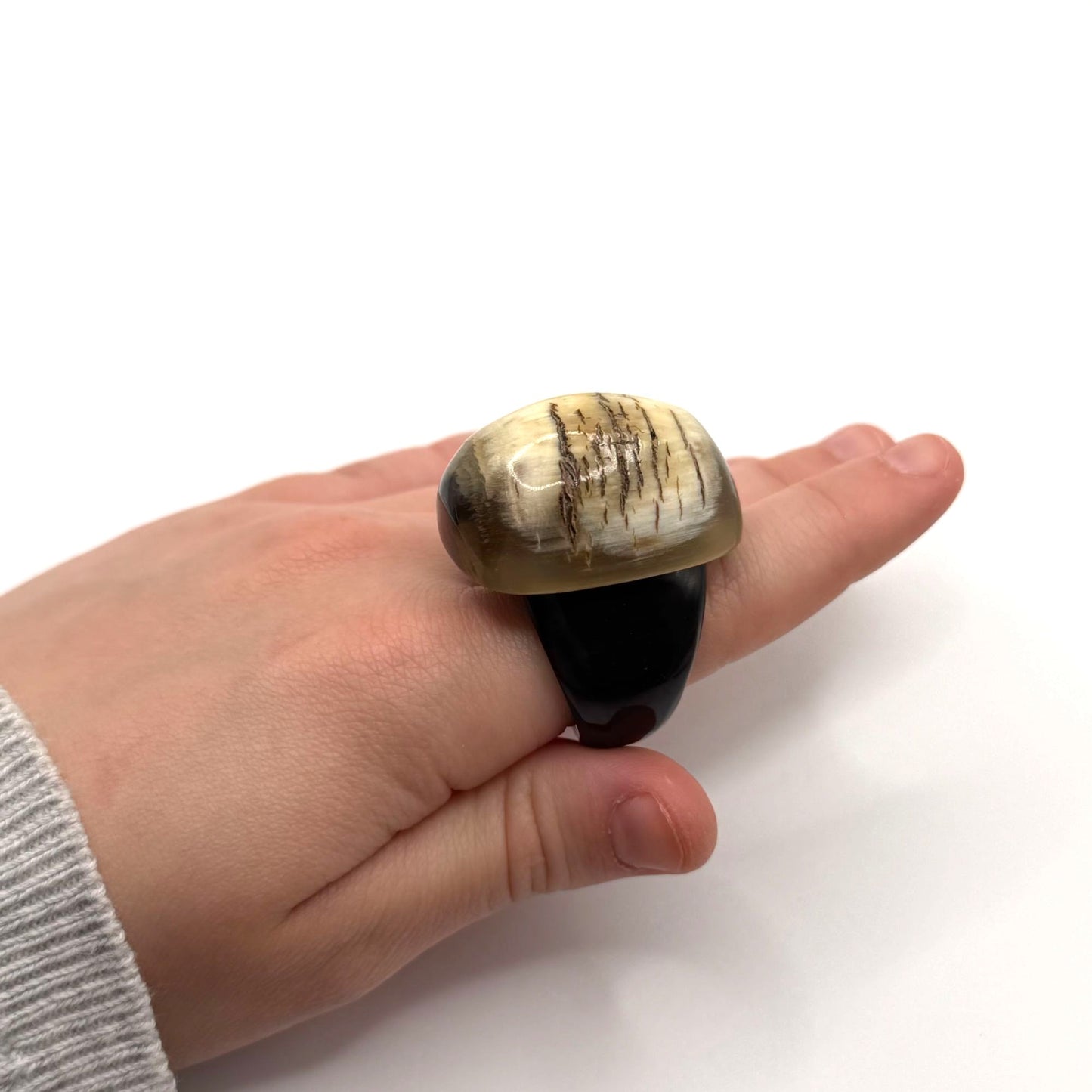 Buffalo Horn Ring Handmade Black & Beige Natural Grain Size 10.5