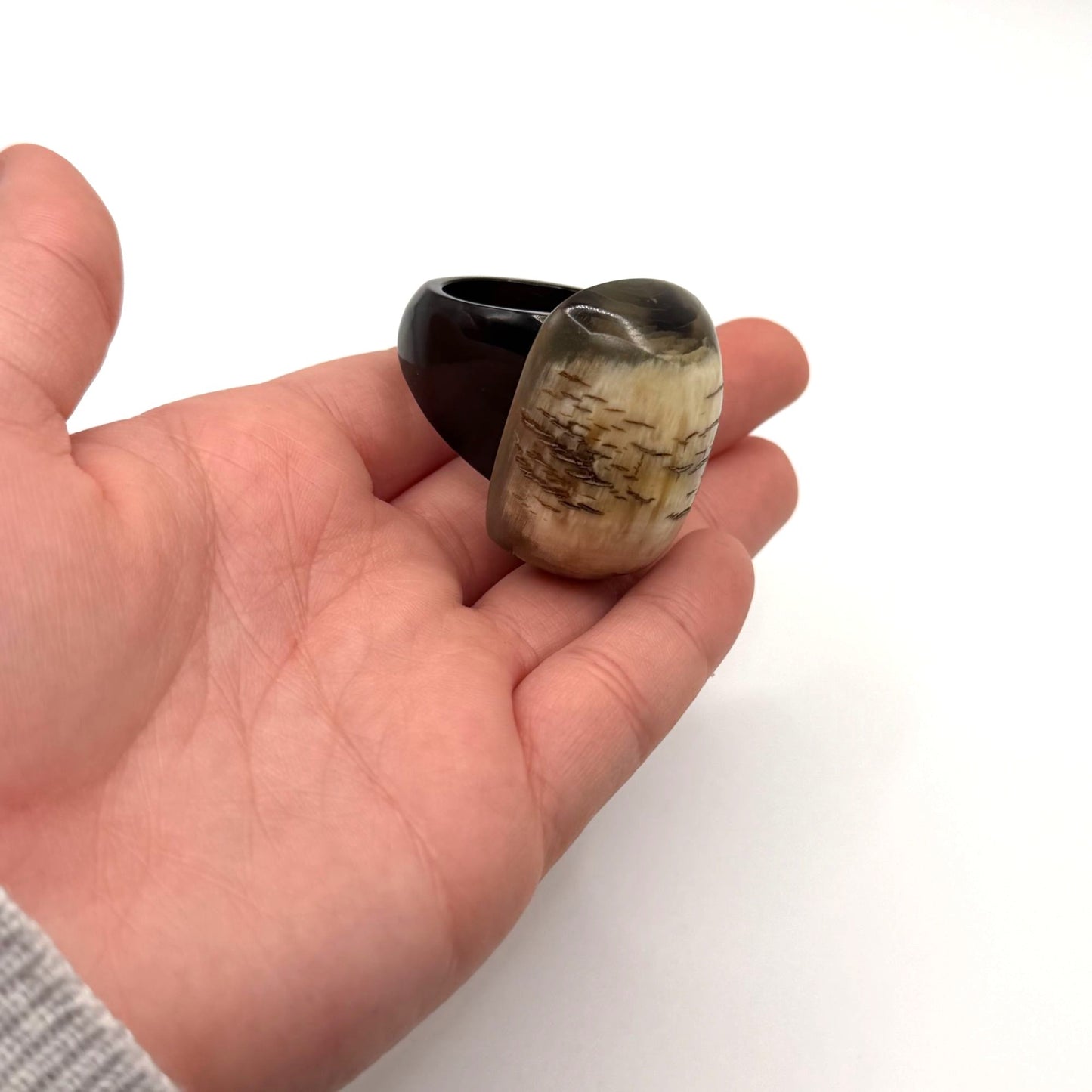 Buffalo Horn Ring Handmade Black & Beige Natural Grain Size 10.5