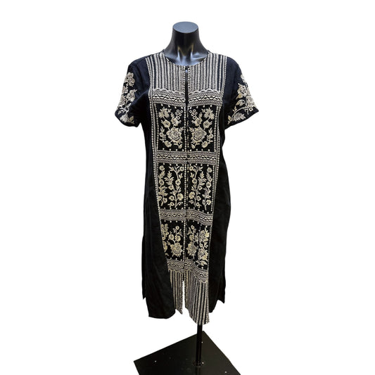 Johnny Was Black & White Embroidered Linen Dress w/Floral Detailing