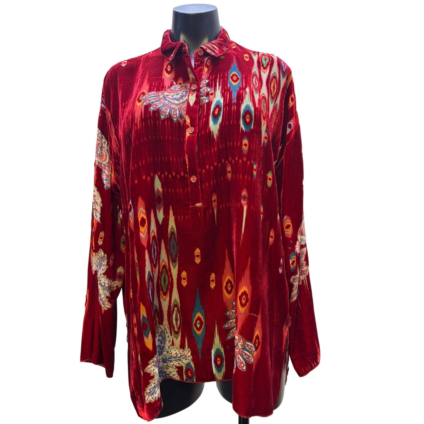 Johnny Was Red Velvet Button-Up Blouse S