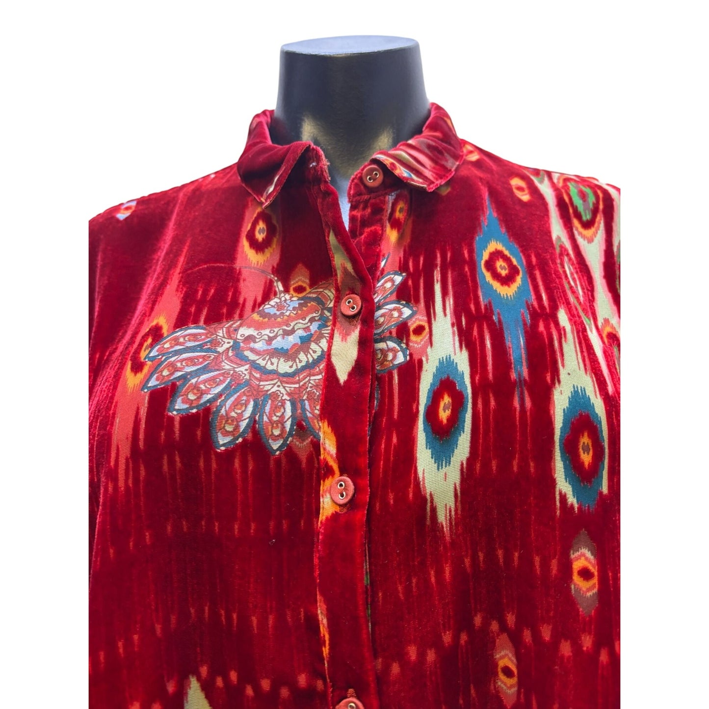 Johnny Was Red Velvet Button-Up Blouse S