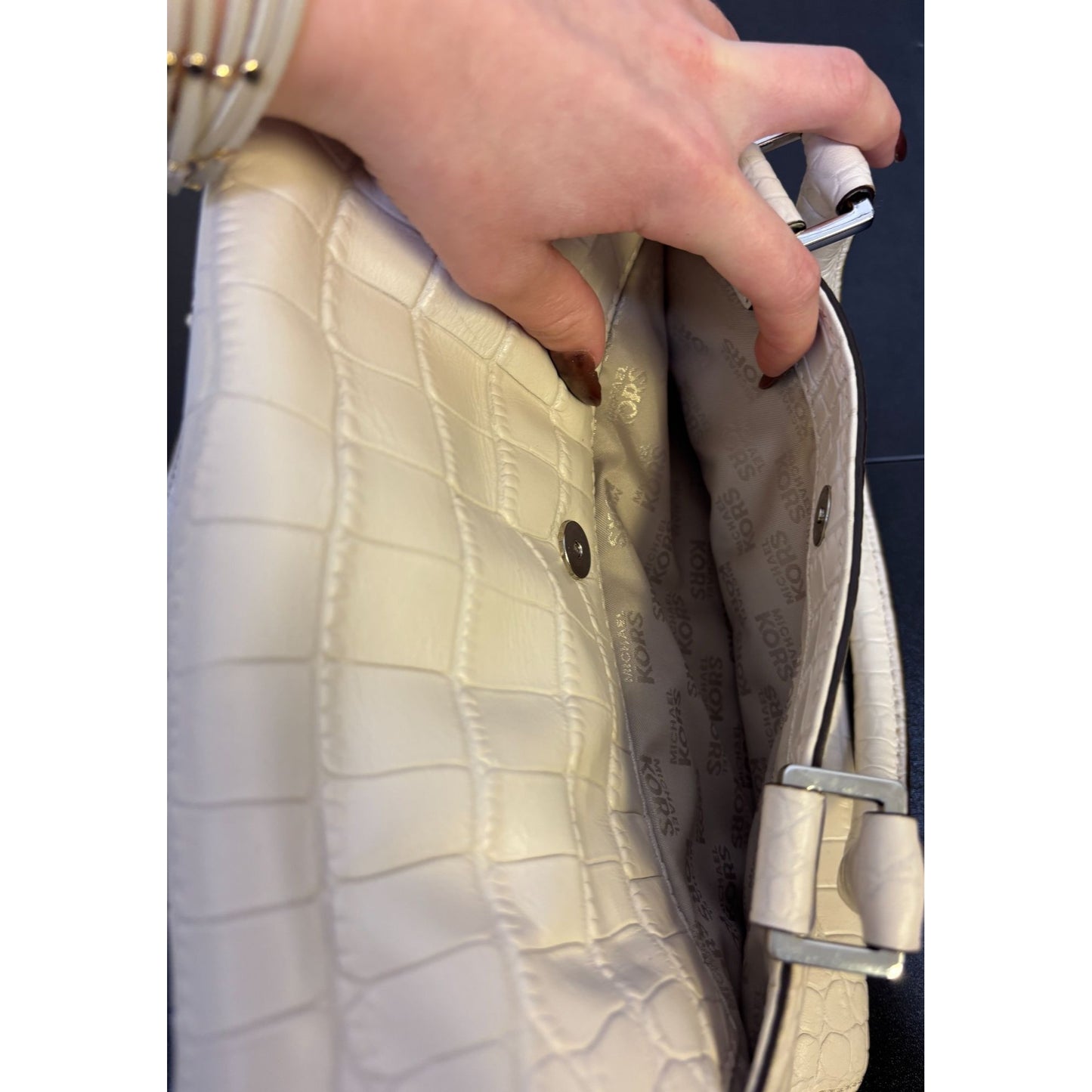 Michael Kors Bone Crocodile-Embossed Leather Shoulder Bag