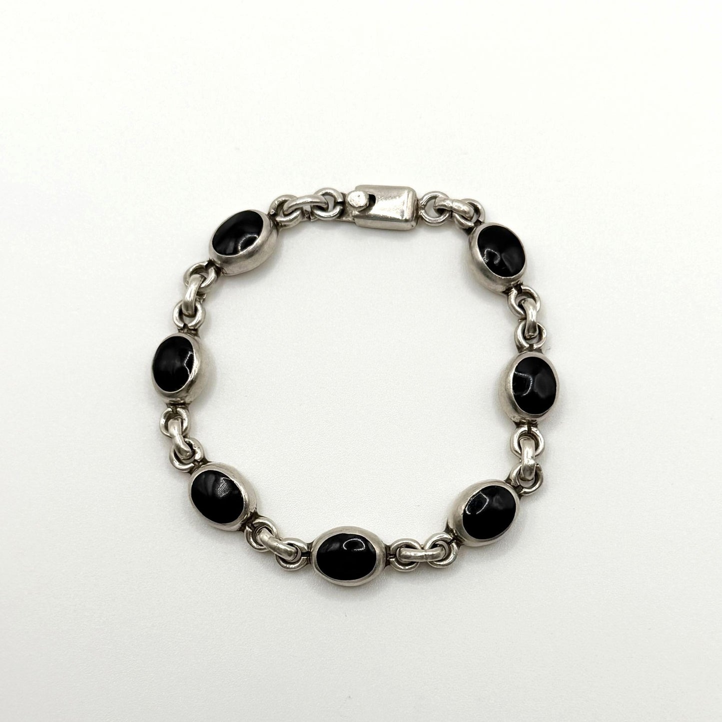 Vintage 925 Sterling Silver Black Onyx Oval Link Bracelet 7" Artisan Crafted