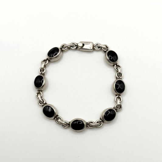 Vintage 925 Sterling Silver Black Onyx Oval Link Bracelet 7" Artisan Crafted