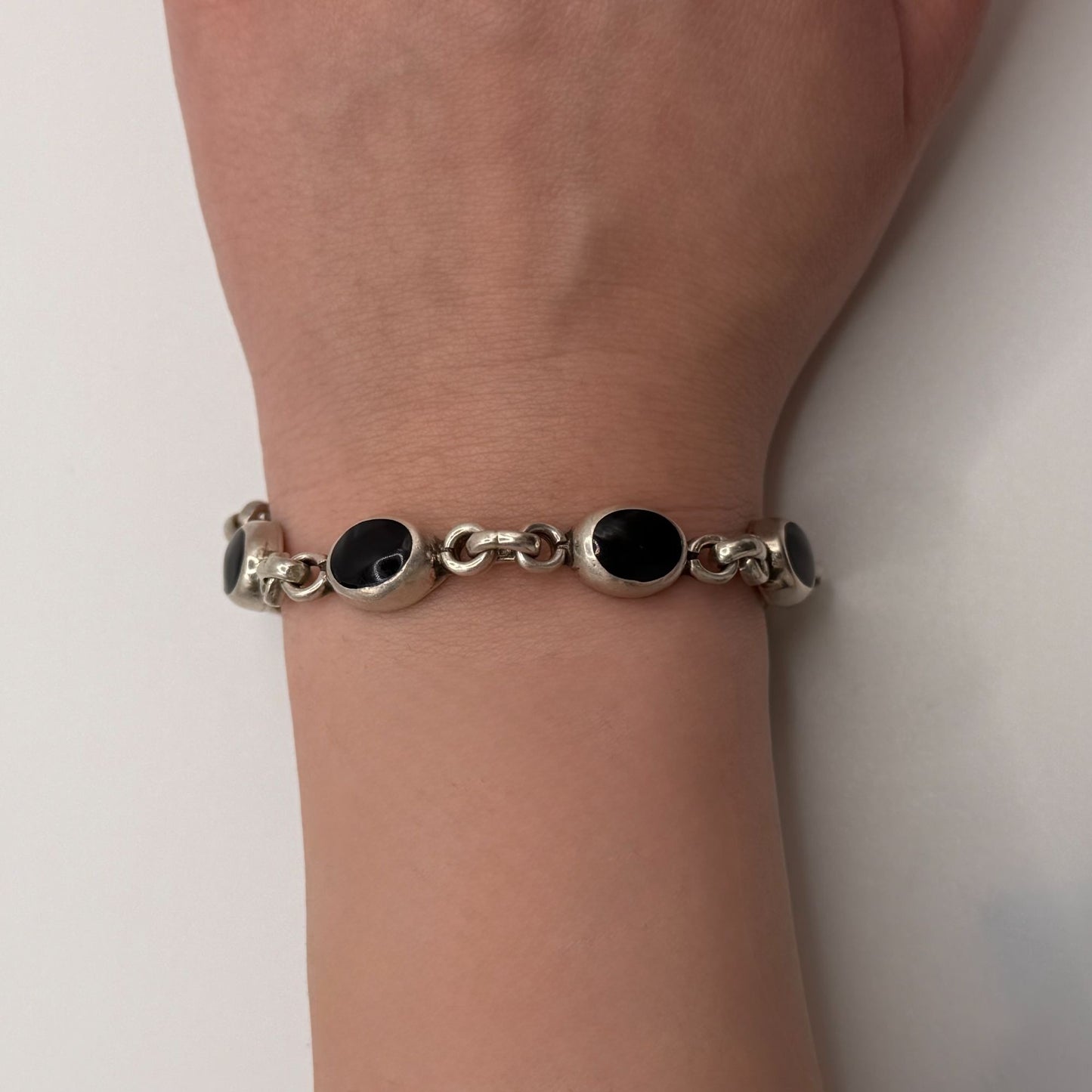 Vintage 925 Sterling Silver Black Onyx Oval Link Bracelet 7" Artisan Crafted