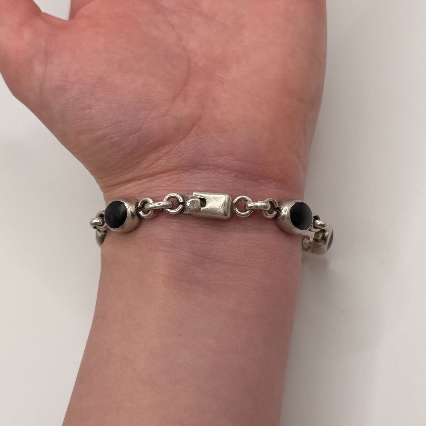 Vintage 925 Sterling Silver Black Onyx Oval Link Bracelet 7" Artisan Crafted