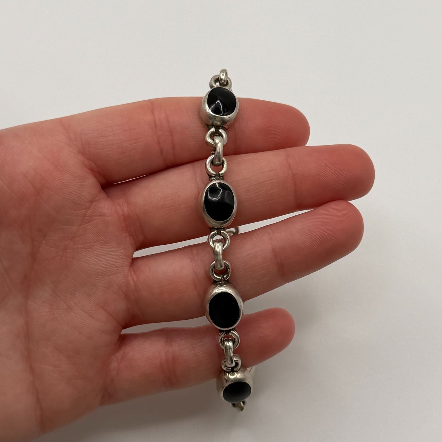 Vintage 925 Sterling Silver Black Onyx Oval Link Bracelet 7" Artisan Crafted