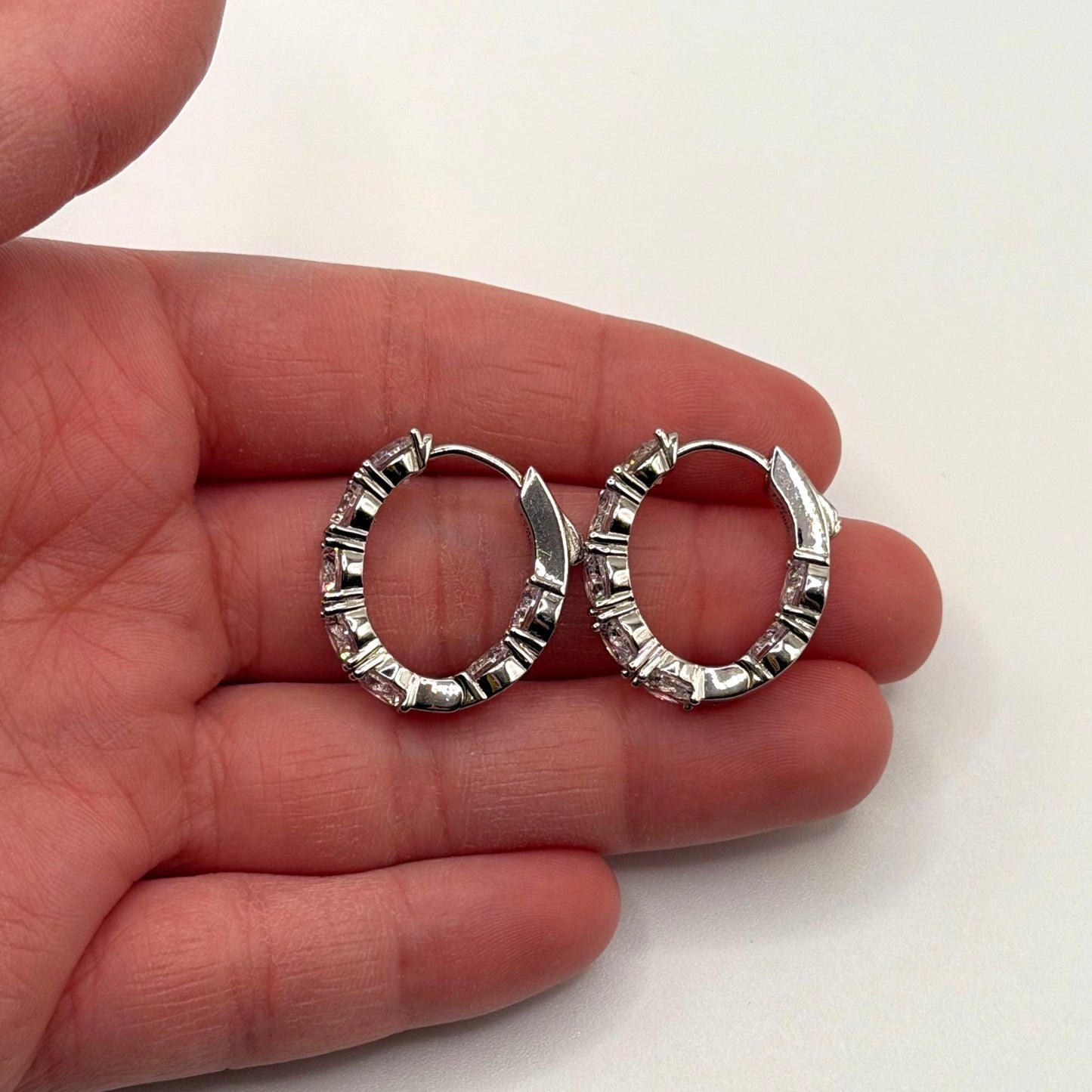 FZN 925 Sterling Silver Hoop Earrings With Sparkling Round & Baguette CZ Stones