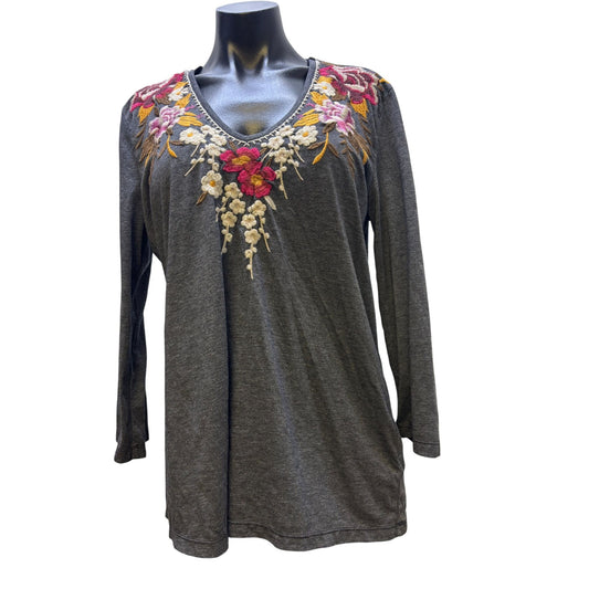 Johnny Was Embroidered Floral V-Neck Long Sleeve Gray Shirt M
