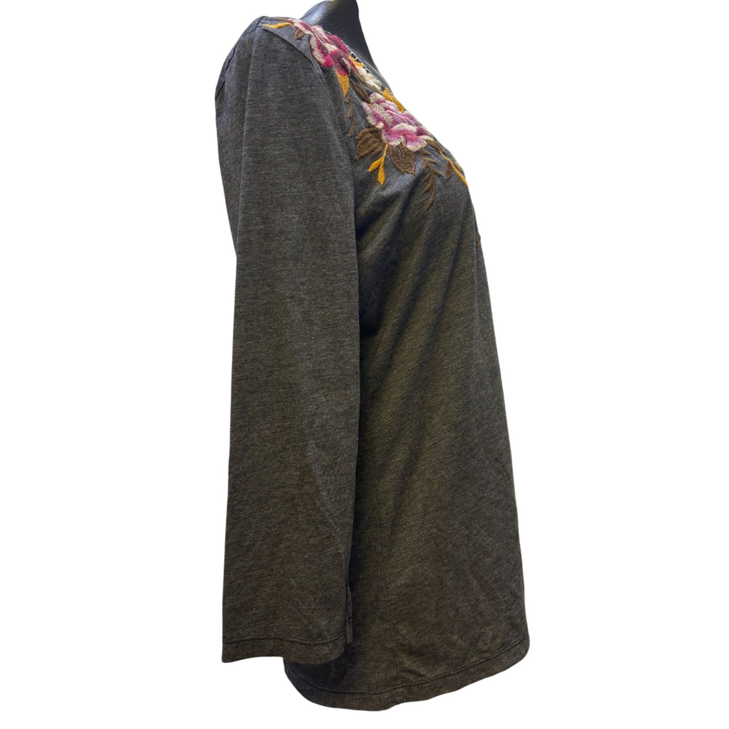 Johnny Was Embroidered Floral V-Neck Long Sleeve Gray Shirt M