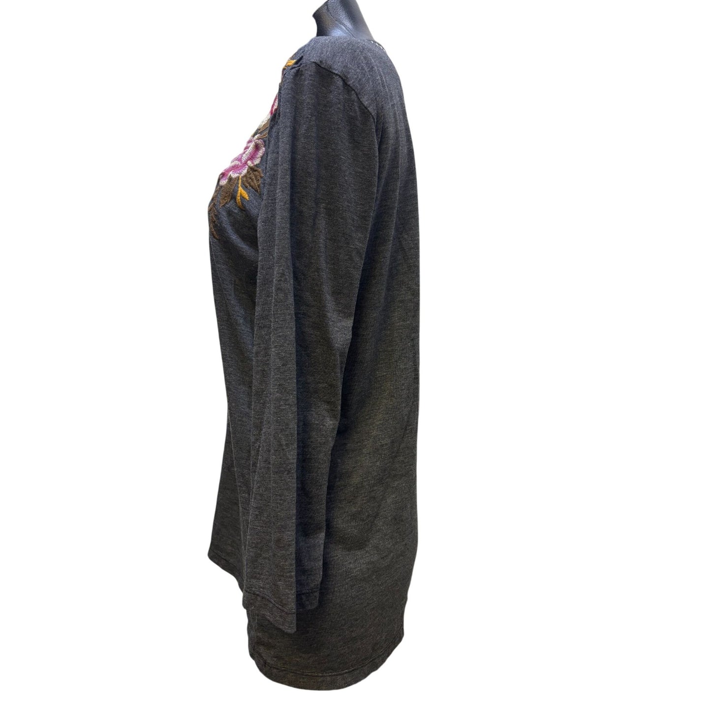 Johnny Was Embroidered Floral V-Neck Long Sleeve Gray Shirt M