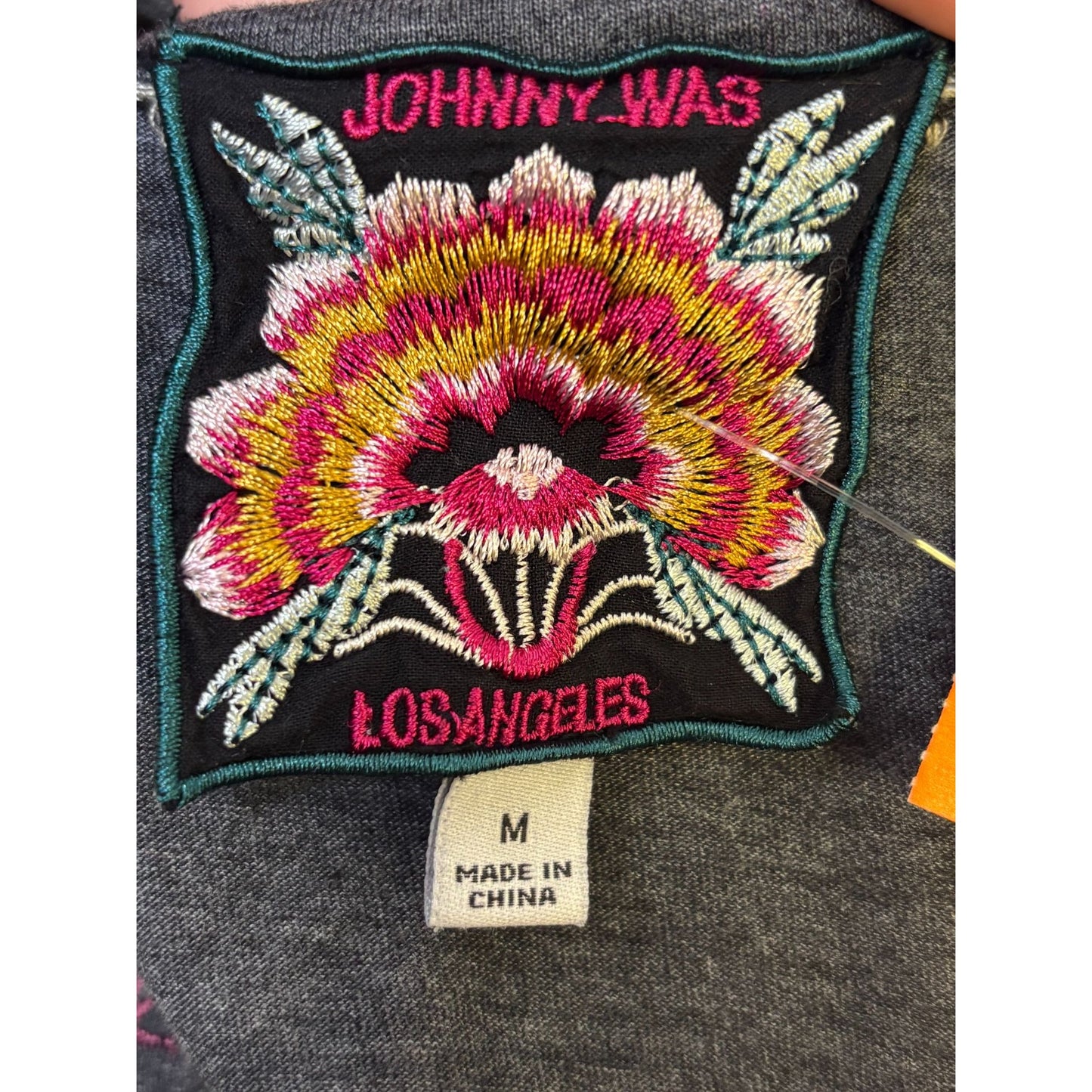 Johnny Was Embroidered Floral V-Neck Long Sleeve Gray Shirt M