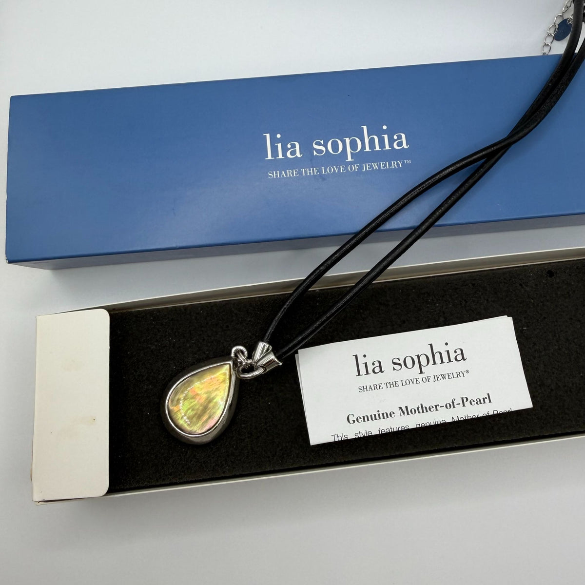 Lia Sophia Genuine Mother-Of-Pearl Teardrop Pendant Leather Cord Necklace