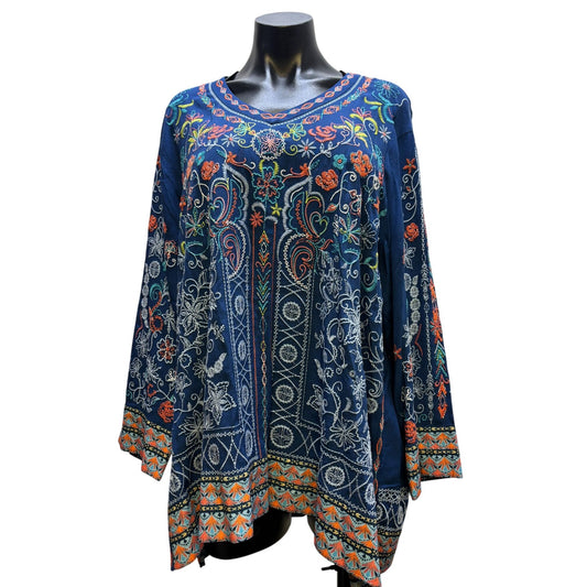 John Mark Embroidered Bohemian Blouse Blue L