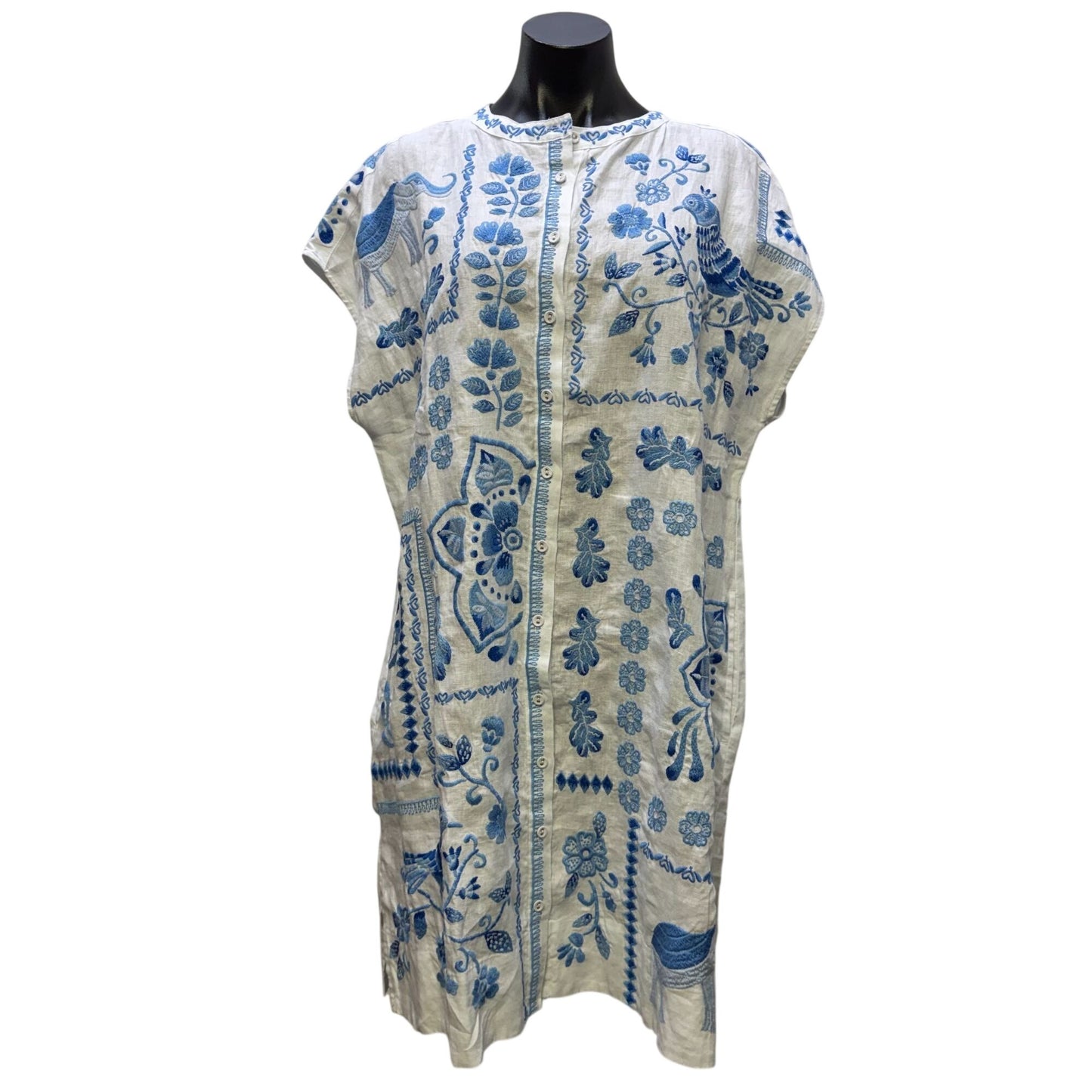 Johnny Was Linen Dress White & Blue Floral Embroidered Button-Front XL