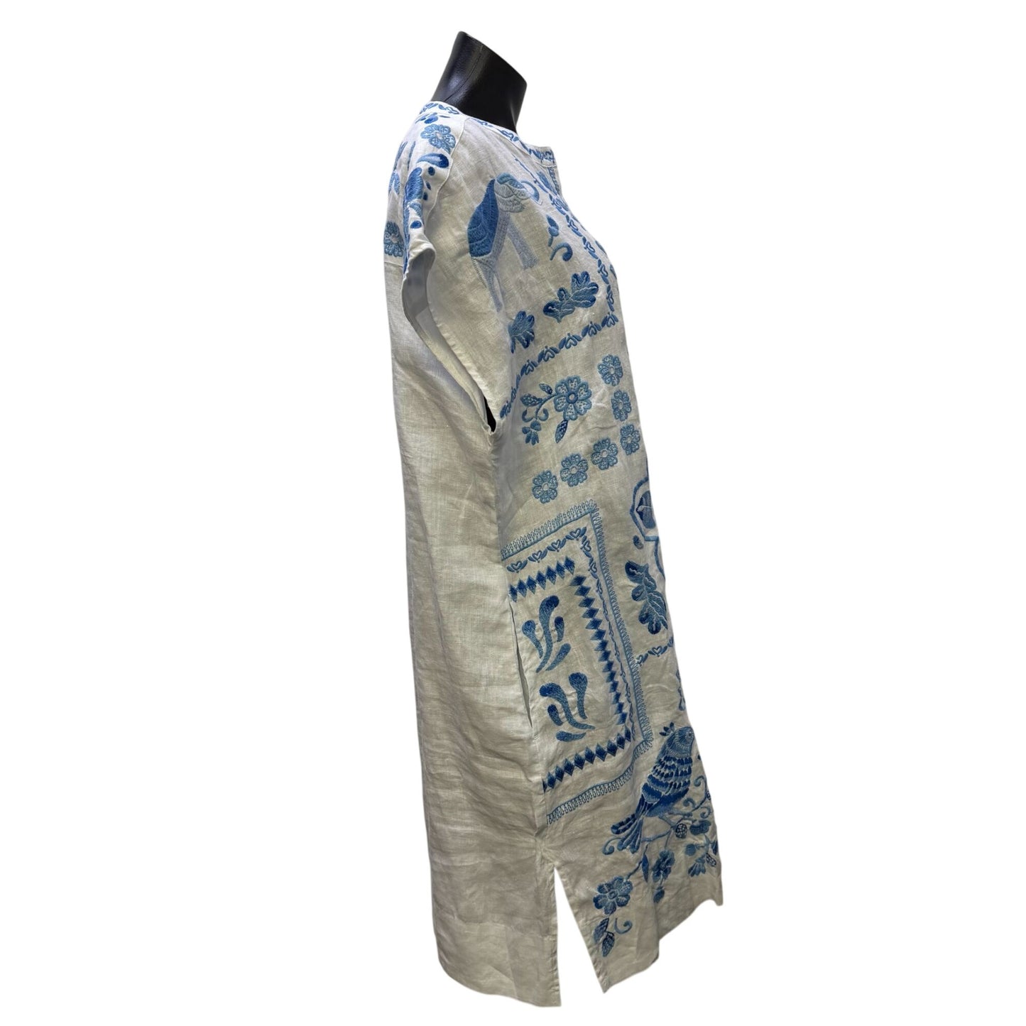 Johnny Was Linen Dress White & Blue Floral Embroidered Button-Front XL
