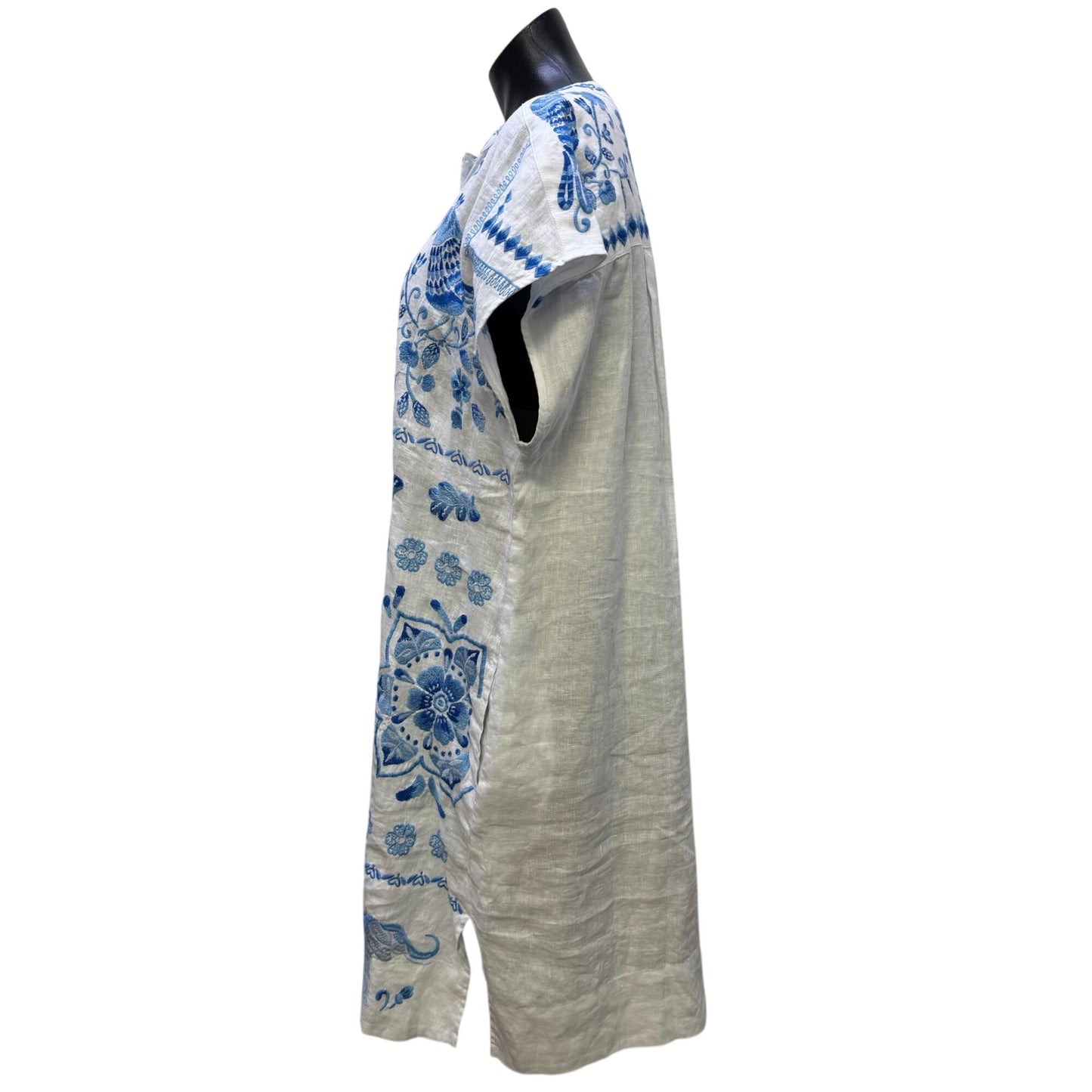 Johnny Was Linen Dress White & Blue Floral Embroidered Button-Front XL