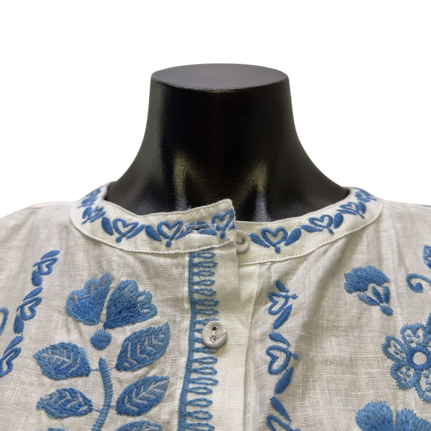 Johnny Was Linen Dress White & Blue Floral Embroidered Button-Front XL