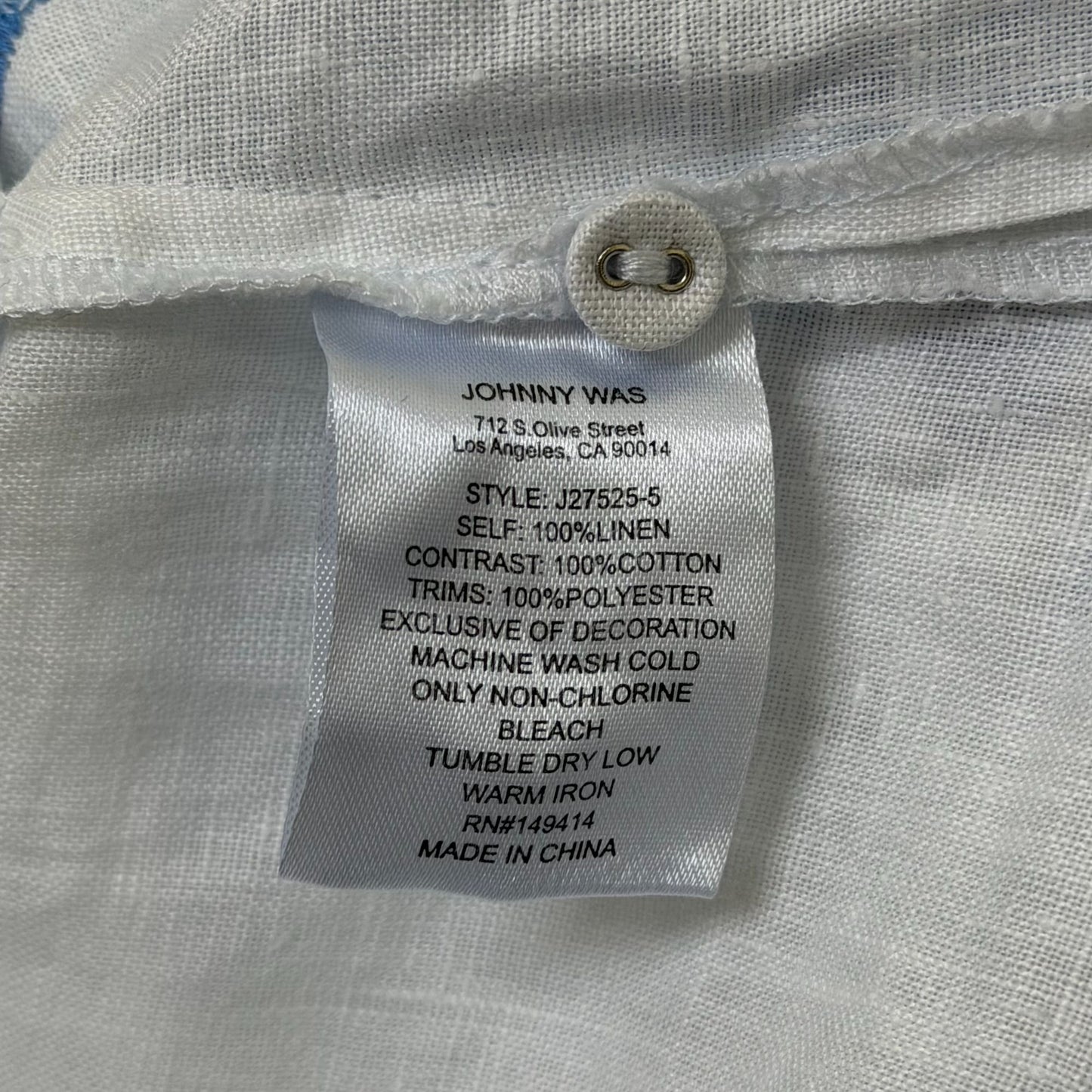 Johnny Was Linen Dress White & Blue Floral Embroidered Button-Front XL