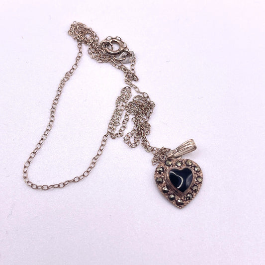Sterling Silver 925 Heart Necklace With Black Onyx & Marcasite Pendant
