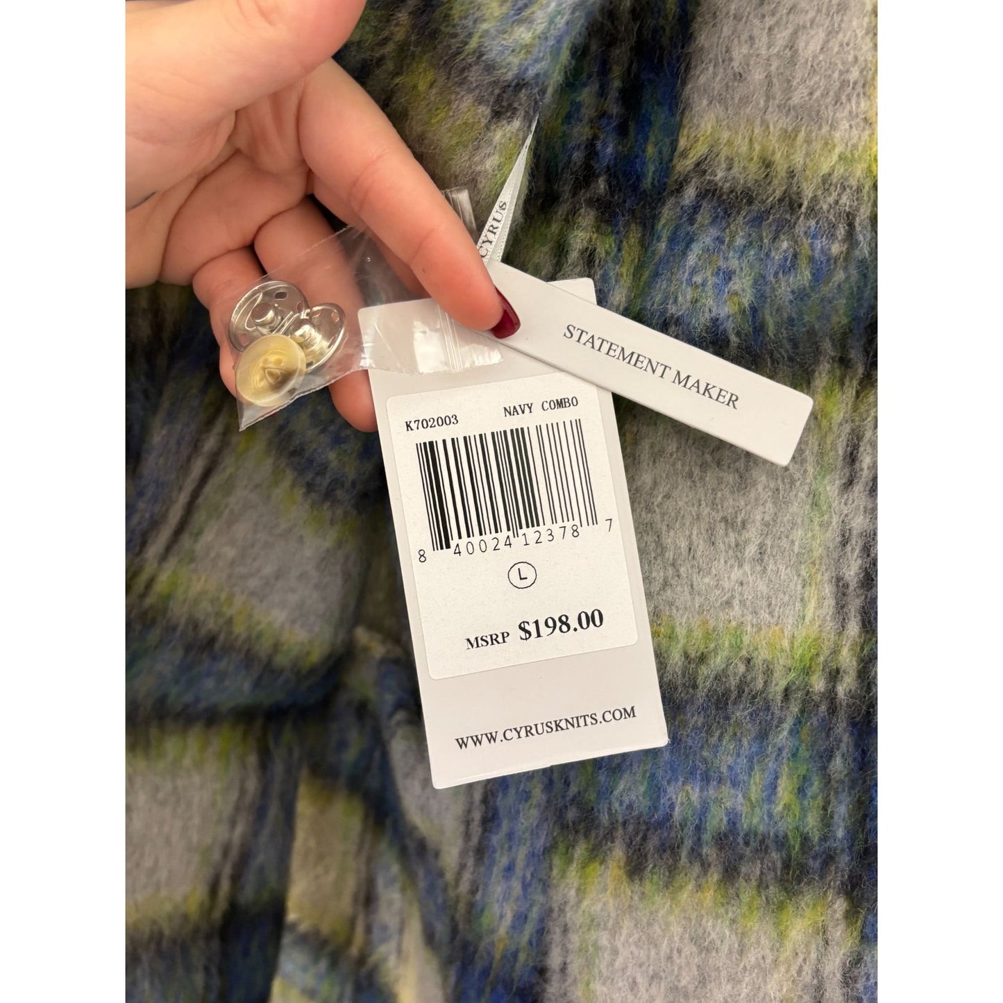 NWT Cyrus Wool Blend Plaid Coat Blue L