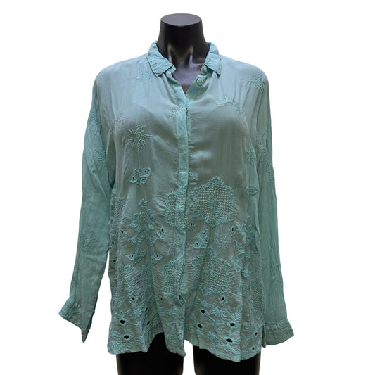 Johnny Was Slim Audrey Button Down Shirt Blue Embroidered Long Sleeve M