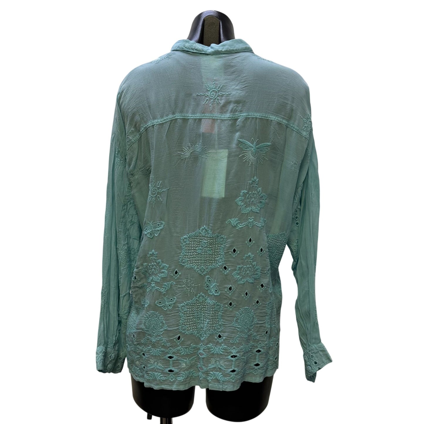 Johnny Was Slim Audrey Button Down Shirt Blue Embroidered Long Sleeve M