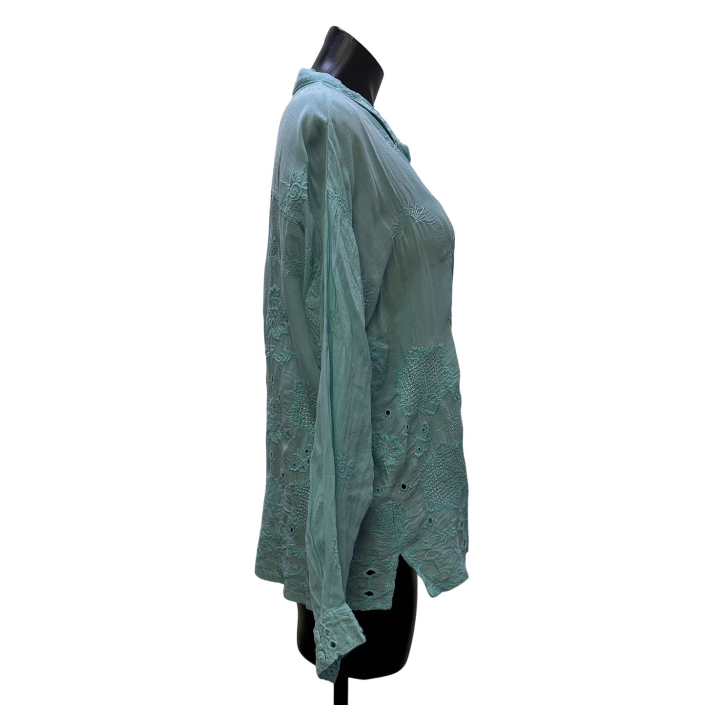 Johnny Was Slim Audrey Button Down Shirt Blue Embroidered Long Sleeve M