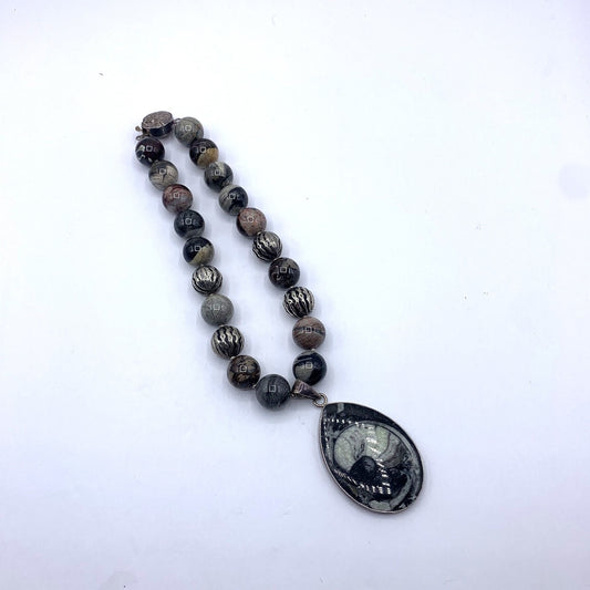 Charles Albert Vintage Orthoceras Fossil Pendant Black & Gray 925 Silver Beaded Necklace