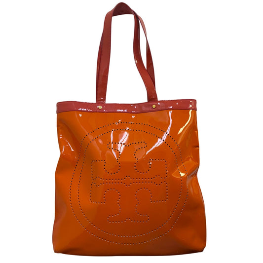 Tory Burch Perforated Patent Leather Orange Tote Signature Logo Bag