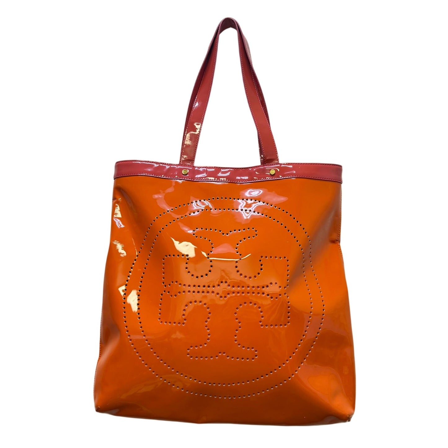 Tory Burch Perforated Patent Leather Orange Tote Signature Logo Bag