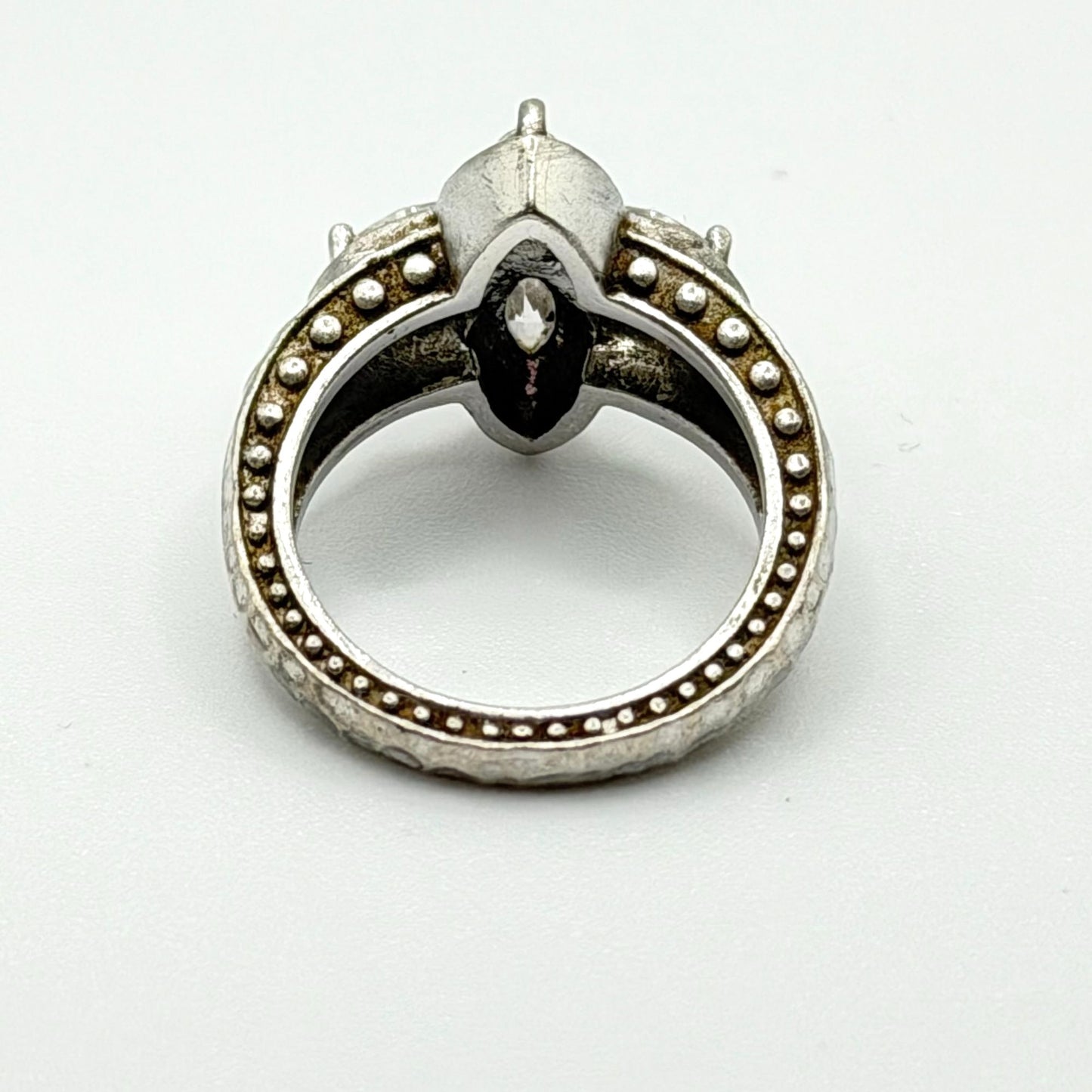 925 Silver Marquise - CZ Intricate Floral Design Hammered Band Ring 5.5